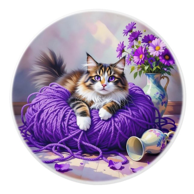 Bouton De Porte En Céramique Pretty Cat with Purple Flowers and Yarn   (Devant)