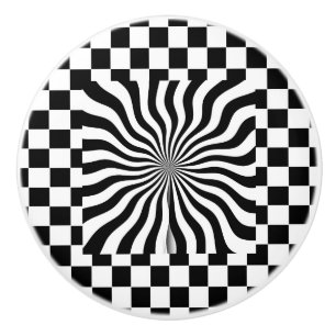 Bouton De Porte En Céramique Psychedelique + Damas Noir Blanc 