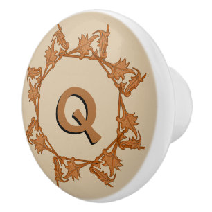Bouton De Porte En Céramique Pulls de tiroir - Feuilles en cercle avec initial 