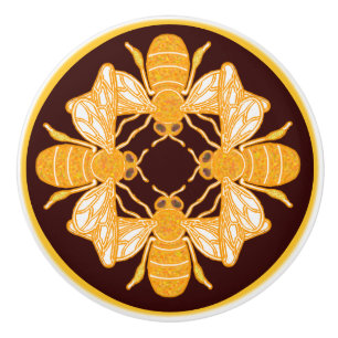 Bouton De Porte En Céramique Quatre abeilles héraldiques sur fond chocolat brun