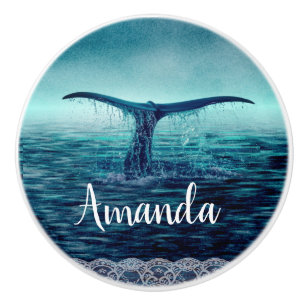 Bouton De Porte En Céramique Queue de baleines au-dessus de l'océan Personnalis