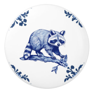 Bouton De Porte En Céramique Raccoon Delft Blue et White Corners Woodland