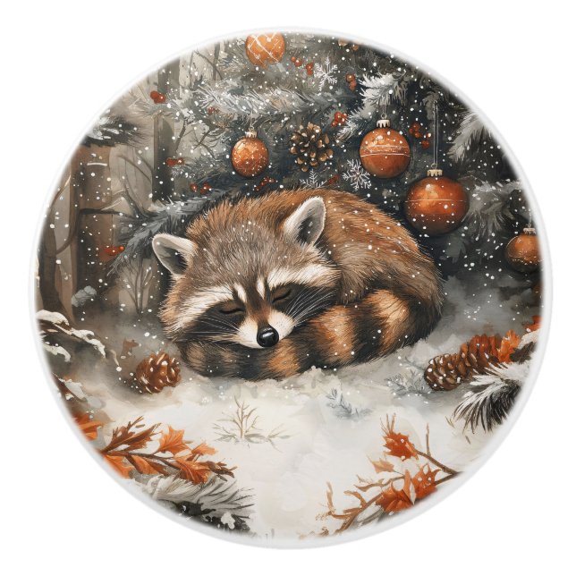 Bouton De Porte En Céramique Raccoon dormant Whimsical Noël rustique (Devant)