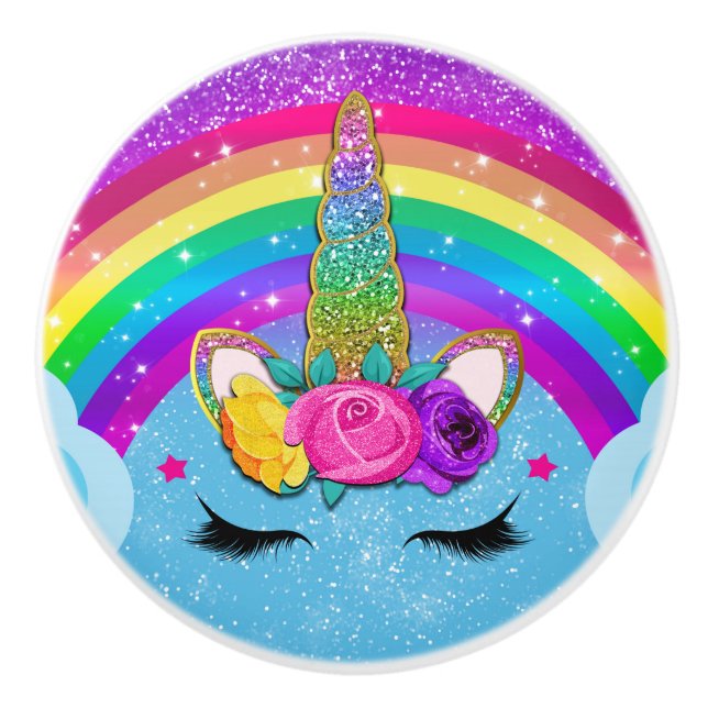 Bouton De Porte En Céramique Rainbow Sparkto Glittery Unicorn Horn Face (Devant)