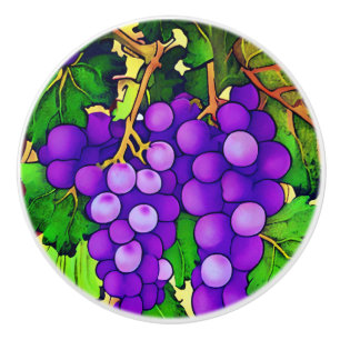 Bouton De Porte En Céramique Raisins pourpres sur la vigne