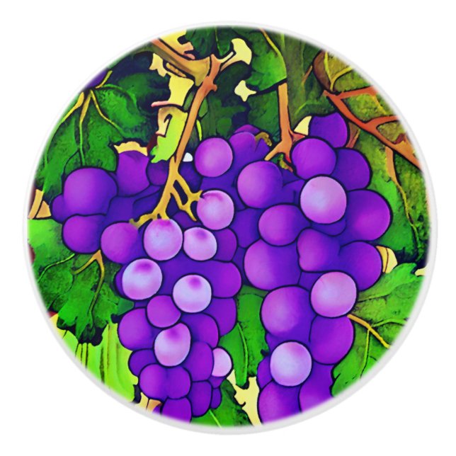 Bouton De Porte En Céramique Raisins Violets sur la Vigne  (Devant)