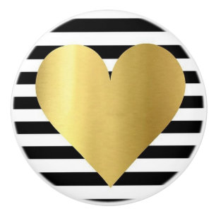 Bouton De Porte En Céramique Rayures Coeur-Noires et blanches en céramique de