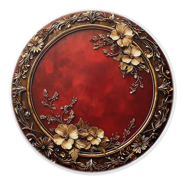 Bouton De Porte En Céramique Red and Gold Dark Academia Floral Design (Devant)