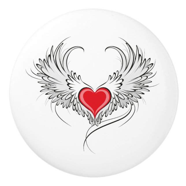 Bouton De Porte En Céramique Red Angel Coeur avec ailes (Devant)