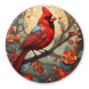 Bouton De Porte En Céramique Red Cardinal Bird dans un style Art Nouveau Art Dé
