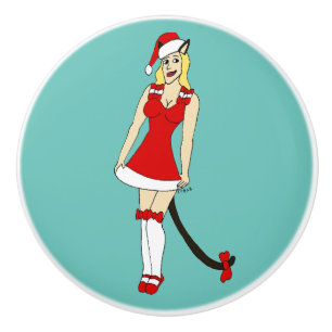 Bouton De Porte En Céramique Red Christmas catgirl