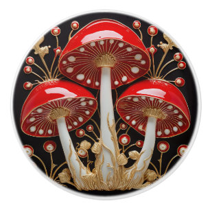 Bouton De Porte En Céramique Red Gold Amanita Muscaria Mushroom 3D Effet