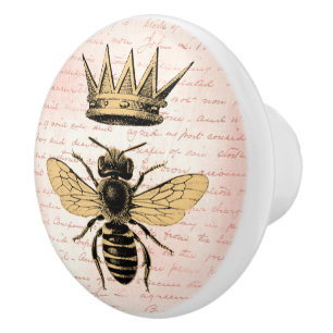 Bouton De Porte En Céramique Regal or Couronne reine abeille rose écriture fran