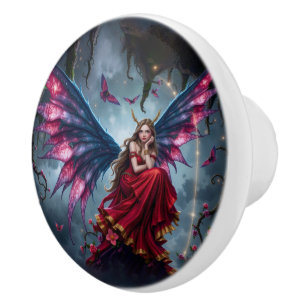 Bouton De Porte En Céramique Reine des fées de fantasy sombre avec des ailes de