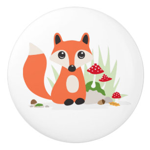 Bouton De Porte En Céramique Renard mignon avec des champignons de champignon
