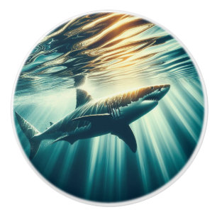 Bouton De Porte En Céramique Requin dans la mer bleue profonde & soleil