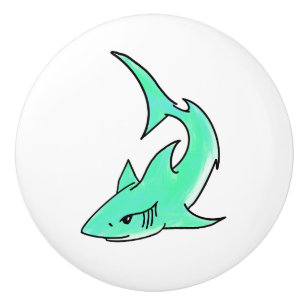 Bouton De Porte En Céramique requin souriant de dessin animé bleu vert océan an