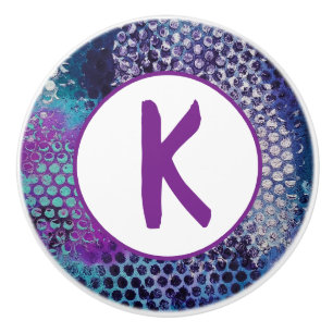 Bouton De Porte En Céramique Résumé de points violets en monogramme