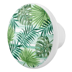 Bouton De Porte En Céramique Retro Chic Palm Vert Feuille Aquarelle Art