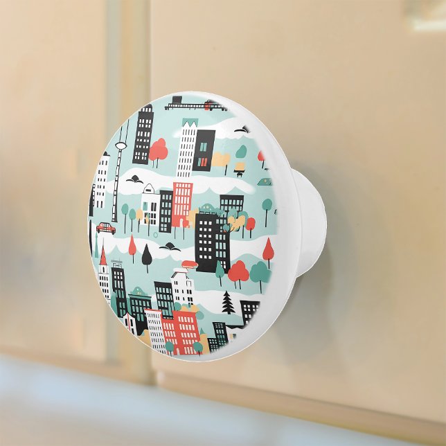 Bouton De Porte En Céramique Rétro Cityscape Aqua Noir Rouge (Créateur téléchargé)