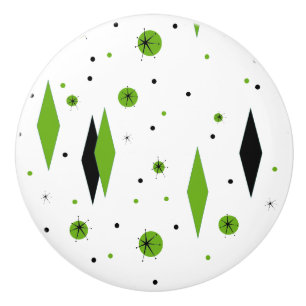 Bouton De Porte En Céramique Retro Green Diamonds & Starbursts Ceramic Knob