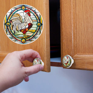Bouton De Porte En Céramique Rooster Faux Vitrail