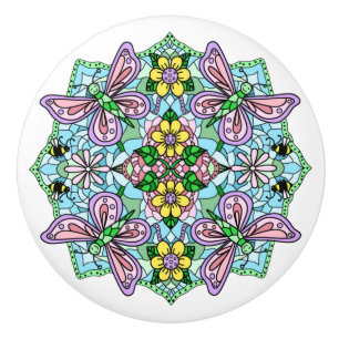 Bouton De Porte En Céramique Rose, Bleu, Papillons violets, Fleurs Mandala