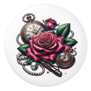 Bouton De Porte En Céramique Rose Steampunk, clé métallique et montre de poche