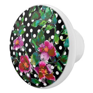 Bouton De Porte En Céramique rose vintage avec pois polka noirs et blancs