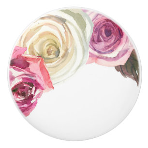 Bouton De Porte En Céramique Roses Aquarelles Roses Fushia & Blanc Floral Chic