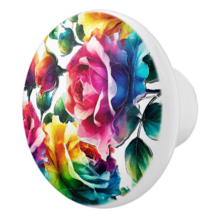 Bouton De Porte En Céramique Roses arc-en-ciel Floral Coloré Vibrant
