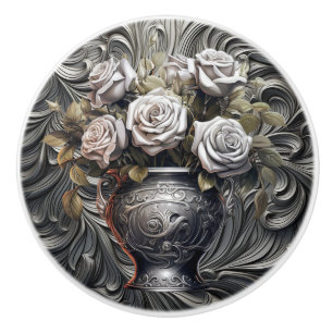 Bouton De Porte En Céramique Roses Argent Sur Tirage En Céramique Argent