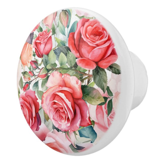 Bouton De Porte En Céramique Roses d'aquarelle rose romantique (Droite)