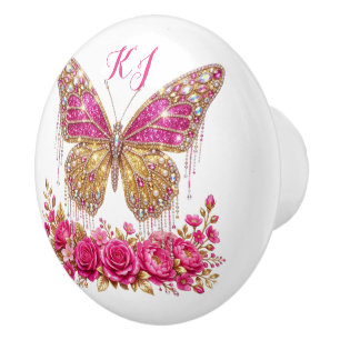 Bouton De Porte En Céramique Roses Papillon Rose Personnalisé Or
