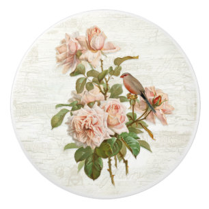 Bouton De Porte En Céramique Roses rose vintage Oiseau botanique Bois blanc