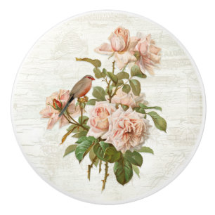 Bouton De Porte En Céramique Roses rose vintage Oiseau botanique Bois blanc