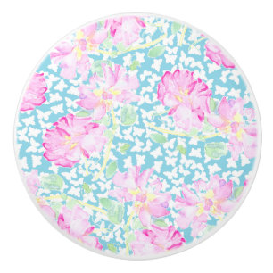 Bouton De Porte En Céramique Roses roses, Papillons blancs sur Bleu Ceramic Kno