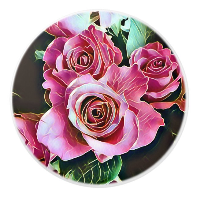 BOUTON DE PORTE EN CÉRAMIQUE ROSES ROSES ROSES (Devant)