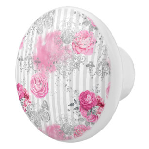 Bouton De Porte En Céramique Roses roses vintages Papillons Parties scintillant