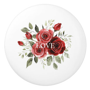 Bouton De Porte En Céramique Roses Rouges Amour Floral