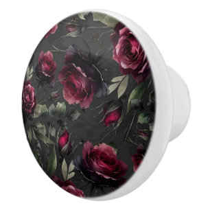 Bouton De Porte En Céramique Roses rouges de Bordeaux ombrés gris floral