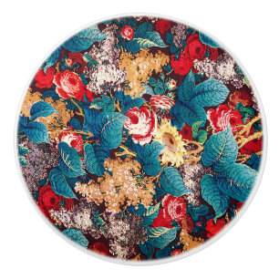 Bouton De Porte En Céramique Roses rouges vintages et motif floral lilas