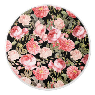 Bouton De Porte En Céramique Roses victoriens roses sur Motif noir