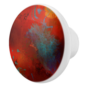Bouton De Porte En Céramique Rouge, Aqua & Gold Grunge Digital Art Abstrait