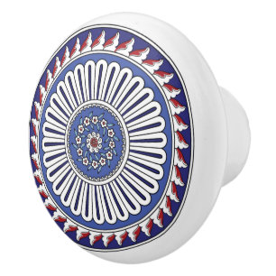 Bouton De Porte En Céramique Rouge & Bleu Floral Turc Iznik Tulipe Œillet