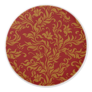 Bouton De Porte En Céramique Rouge et motif floral d'or