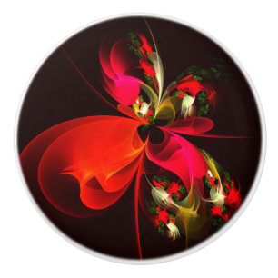 Bouton De Porte En Céramique Rouge Vert Floral Moderne Art Abstrait Motif #02