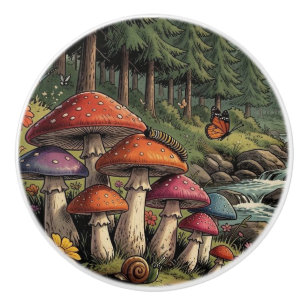 Bouton De Porte En Céramique Ruisseau capricieux de la forêt avec champignons,