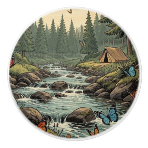 Bouton De Porte En Céramique Ruisseau fantaisiste de la forêt avec champignons,