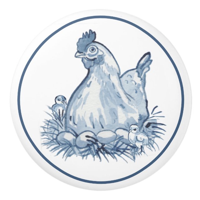 Bouton De Porte En Céramique Russe Bleu & Blancs Poulets Hen oeuf Pays de pouss (Devant)